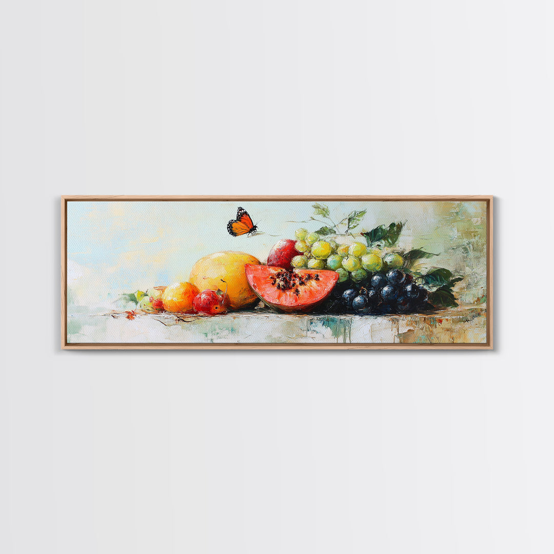 Tropical Fruit And Butterfly Still Life Wall Art, Colorful Kitchen Canvas Print, Summer Farmhouse Decor, Food Lover Gift Art Print