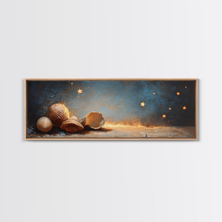 Glowing Seashells And Golden Stars Canvas Print, Coastal Wall Art, Celestial Decor, Beach House Decor, Ocean Wall Decor, Gift For Her