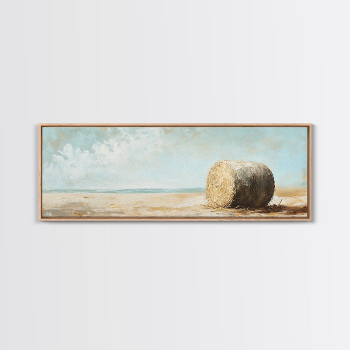 Golden Hay Bale Coastal Landscape Wall Art, Rustic Farmhouse Decor, Country Canvas Print For Living Room Or Kitchen Wall Decor