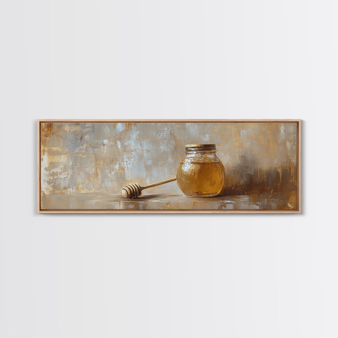 Honey Jar And Dipper Still Life Wall Art, Rustic Kitchen Decor, Farmhouse Canvas Print For Dining Room Or Pantry Wall Decor Gift