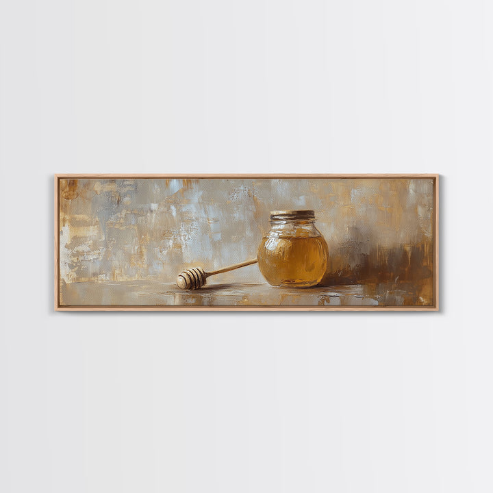 Honey Jar And Dipper Still Life Wall Art, Rustic Kitchen Decor, Farmhouse Canvas Print For Dining Room Or Pantry Wall Decor Gift