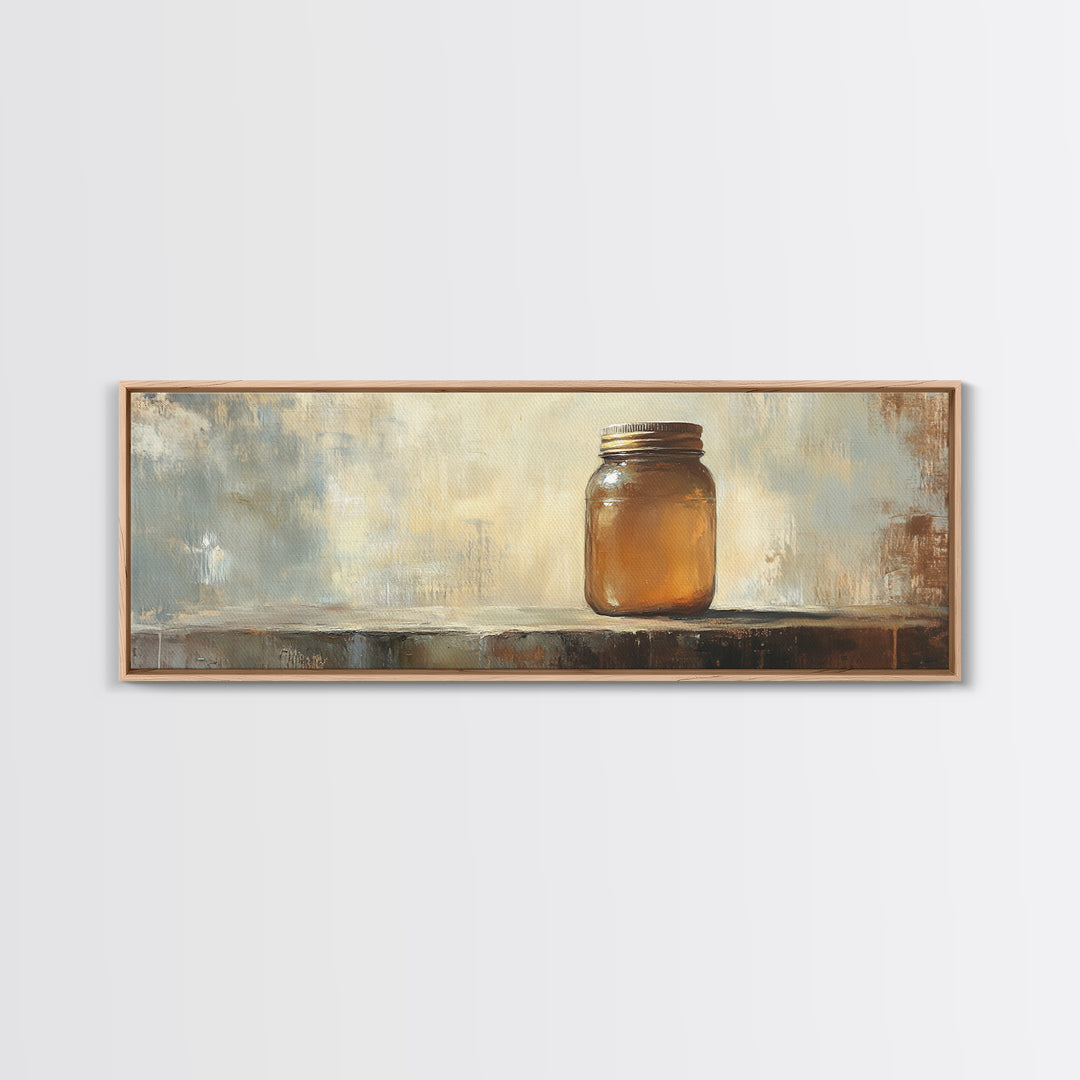 Amber Mason Jar Still Life Wall Art, Rustic Farmhouse Decor, Neutral Canvas Print For Kitchen Shelf Or Dining Room Wall Decor