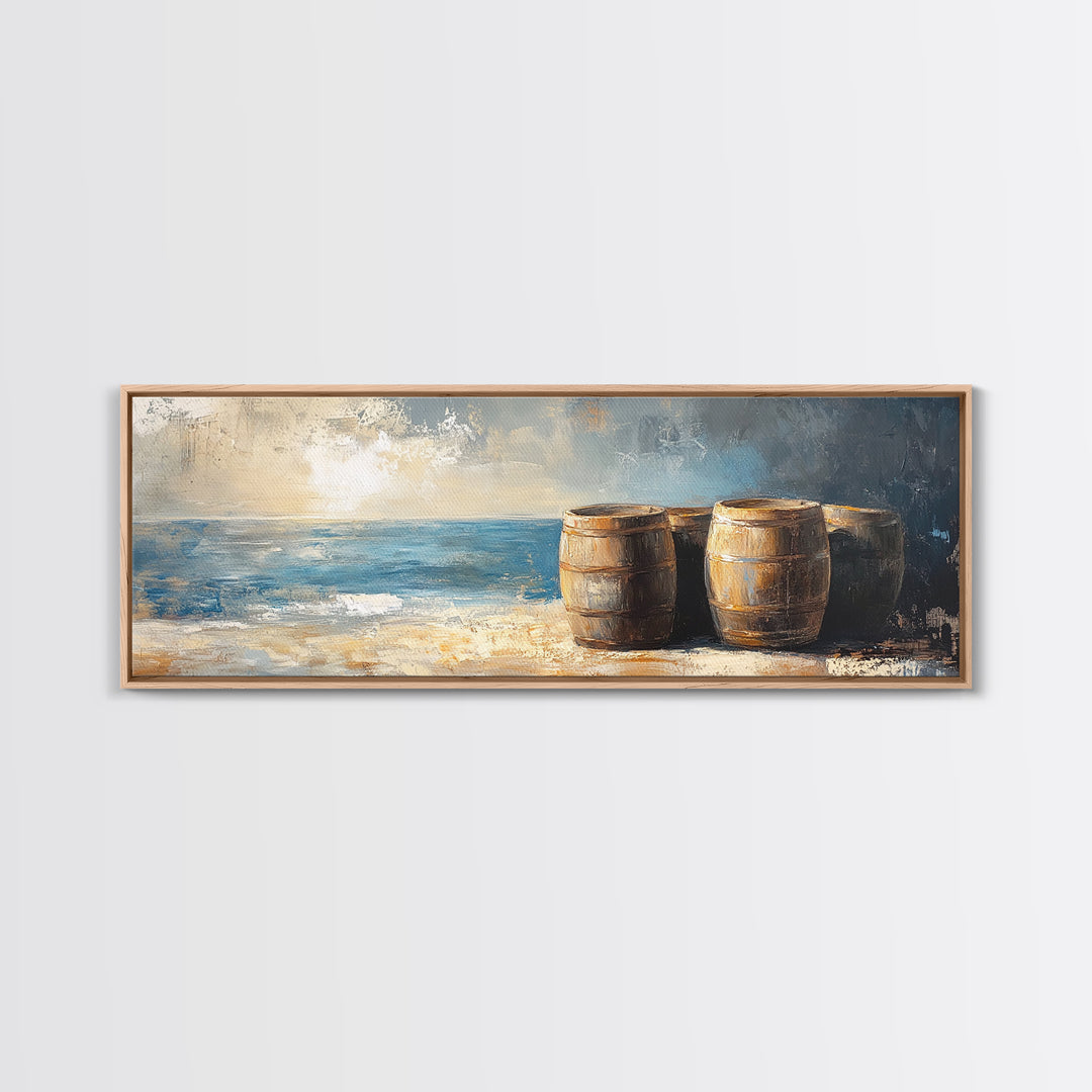 Weathered Barrels By The Sea Wall Art, Coastal Rustic Decor, Nautical Canvas Print For Beach House Living Room Wall Decor Gift