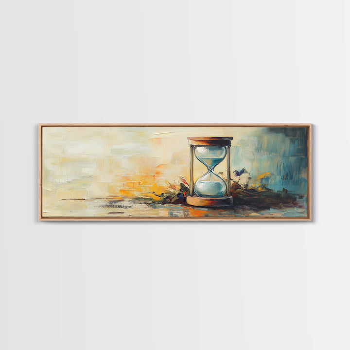 Hourglass Sunset Still Life Wall Art, Long Horizontal Canvas, Neutral Coastal Decor, Abstract Painting, Living Room Print