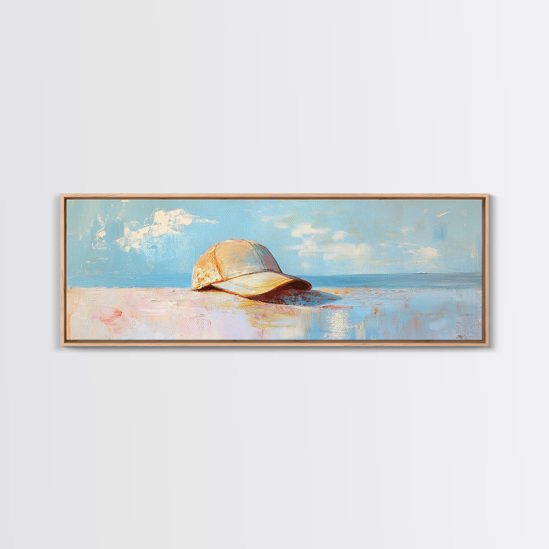 Sunlit Baseball Cap On Sandy Blue Shore Wall Art, Coastal Beach House Decor, Nautical Living Room Print, Gift For Him, Home Decor