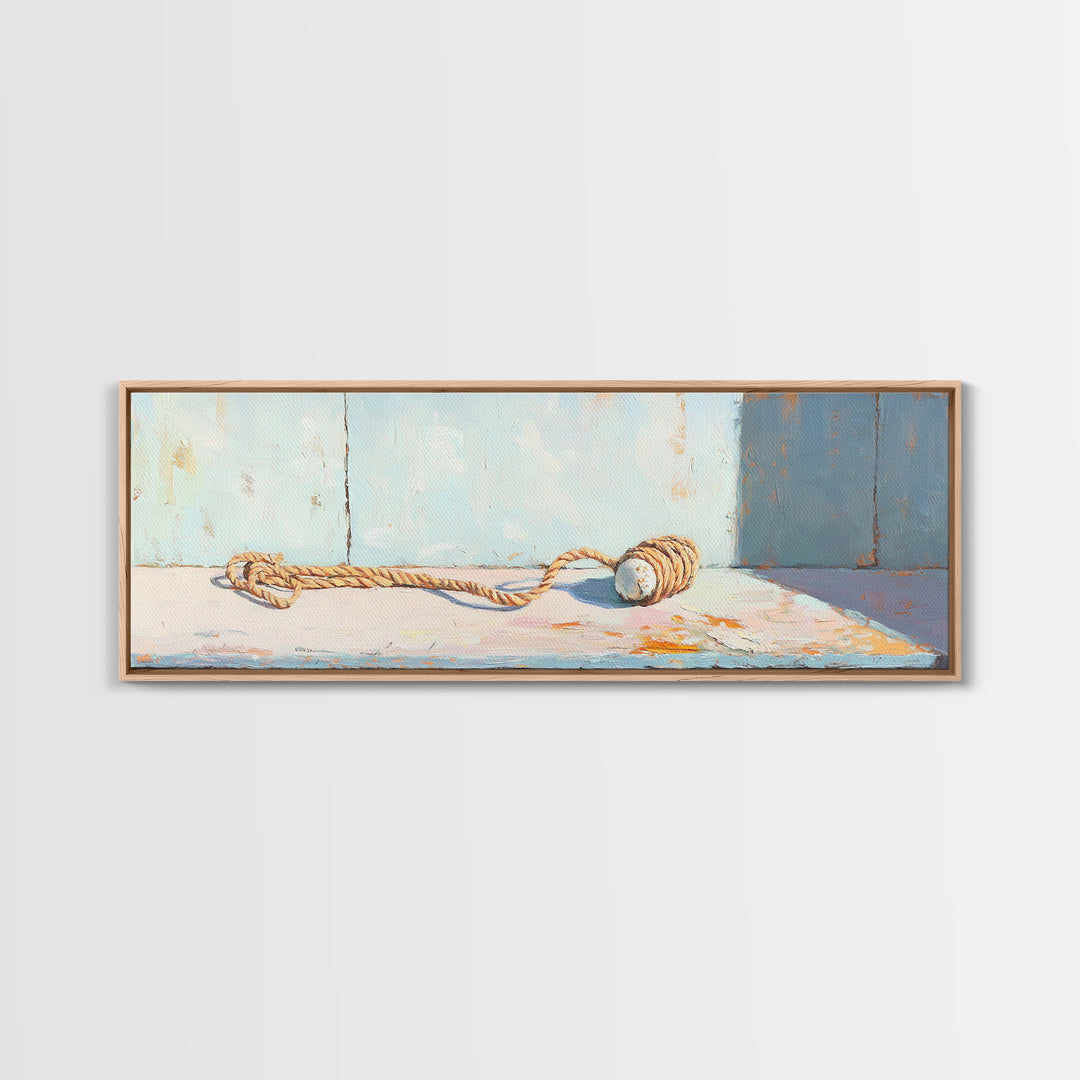 Weathered Rope And Wood Float Canvas Print, Nautical Coastal Wall Art, Beach House Decor, Rustic Bathroom Wall Decor, Ocean Wall Art