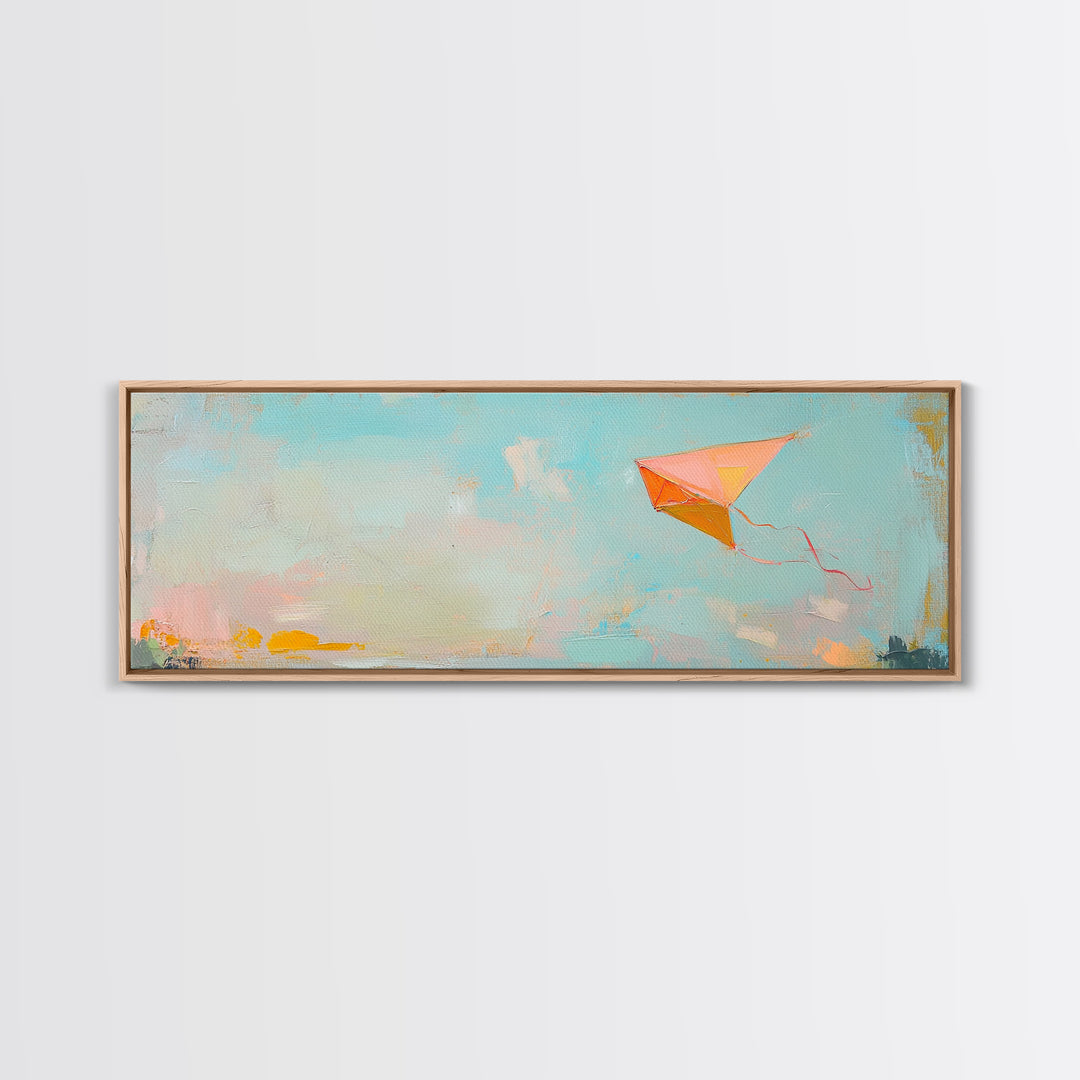 Orange Kite In Blue Summer Sky Canvas Print, Whimsical Nursery Wall Art, Coastal Kids Room Decor, Playful Gift For Her, Dopamine Decor