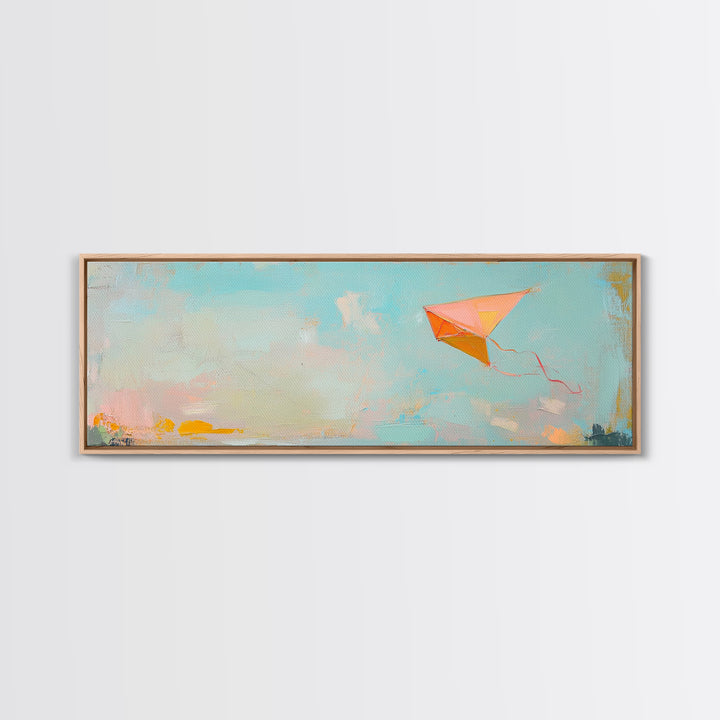 Orange Kite In Blue Summer Sky Canvas Print, Whimsical Nursery Wall Art, Coastal Kids Room Decor, Playful Gift For Her, Dopamine Decor