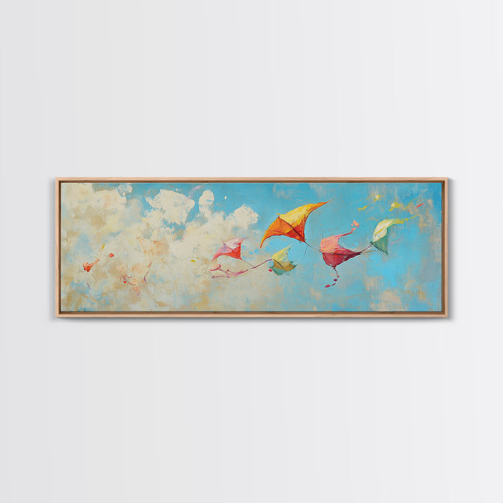 Colorful Kites Drifting Through Clouds Wall Art, Whimsical Kids Room Canvas Print, Playroom Decor, Nursery Wall Art Gift