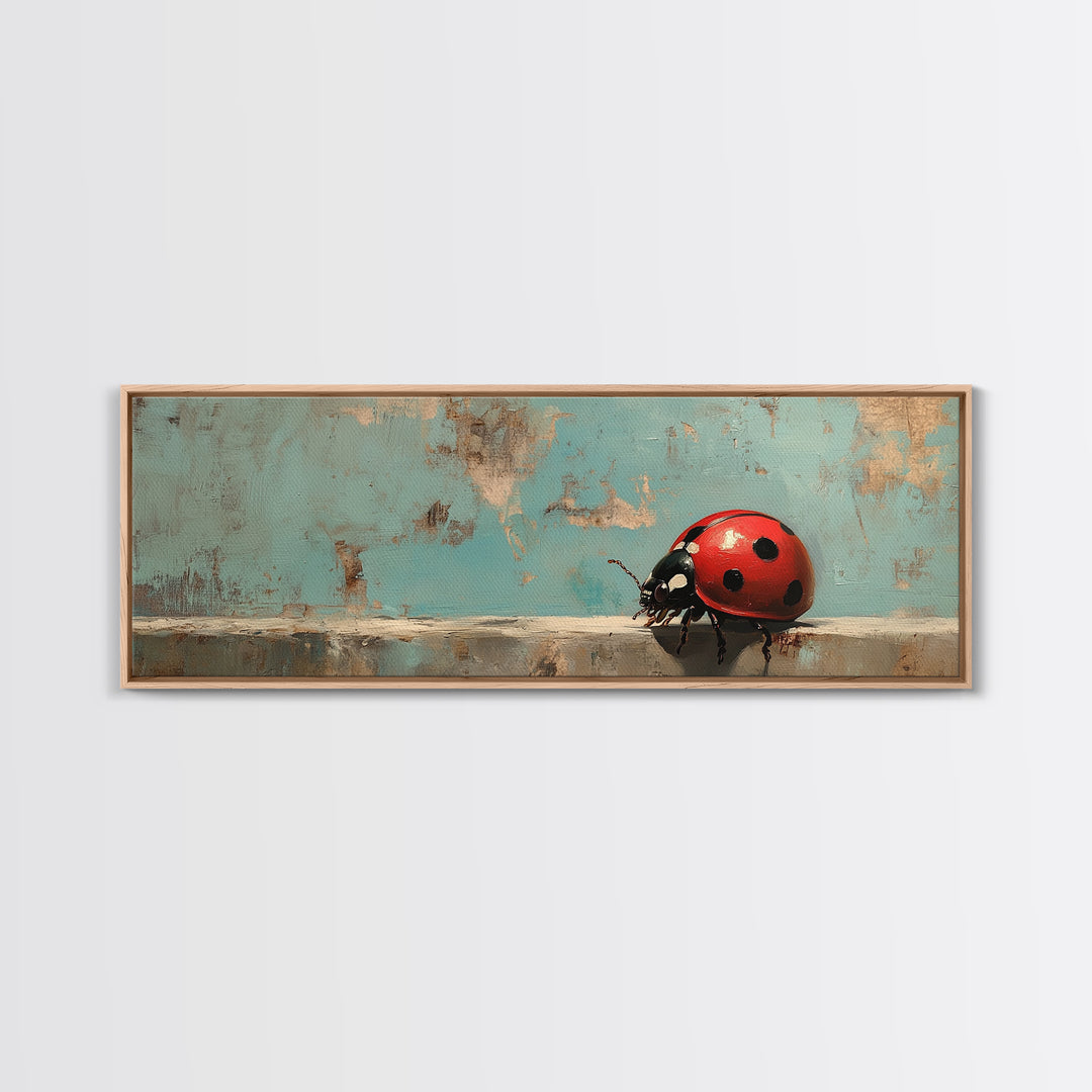 Red Ladybug On Weathered Blue Wall Art, Whimsical Animal Canvas Print, Nature Wall Decor, Kids Room Art, Garden Decor Gift