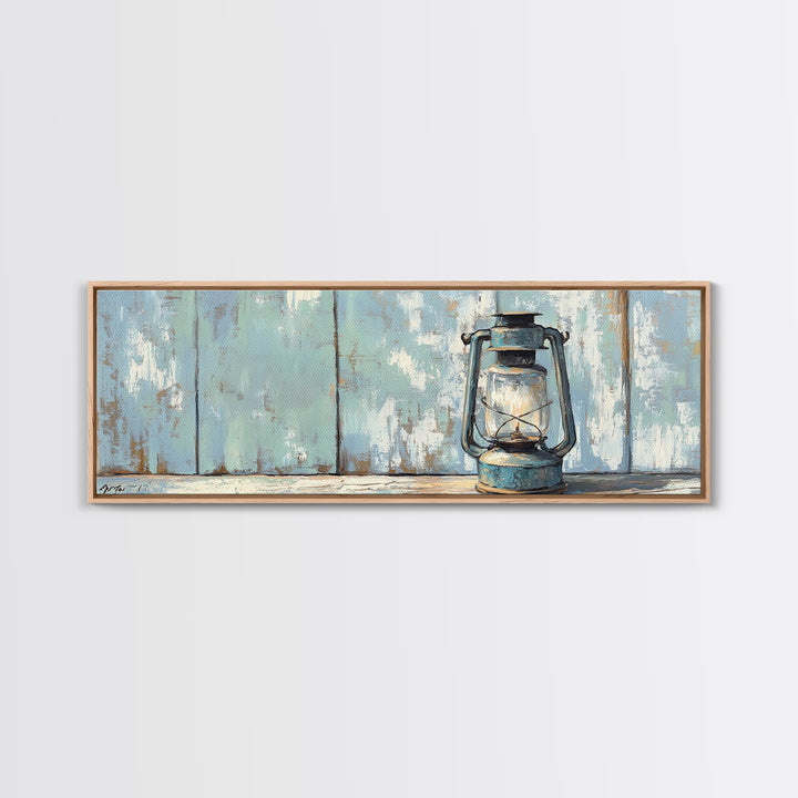 Blue Kerosene Lantern On Weathered Wood Framed Canvas Print, Rustic Wall Art, Coastal Decor, Farmhouse Home Decor, Housewarming Gift