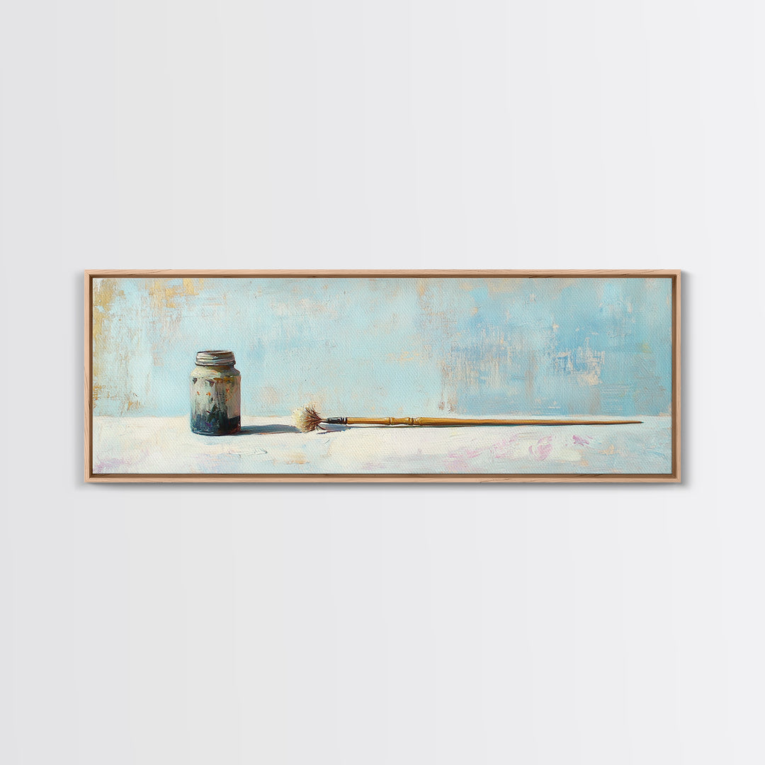 Rustic Paint Jar And Brush Canvas Print, Artist Studio Wall Decor, Minimal Still Life Art Print, Creative Office Decor Gift