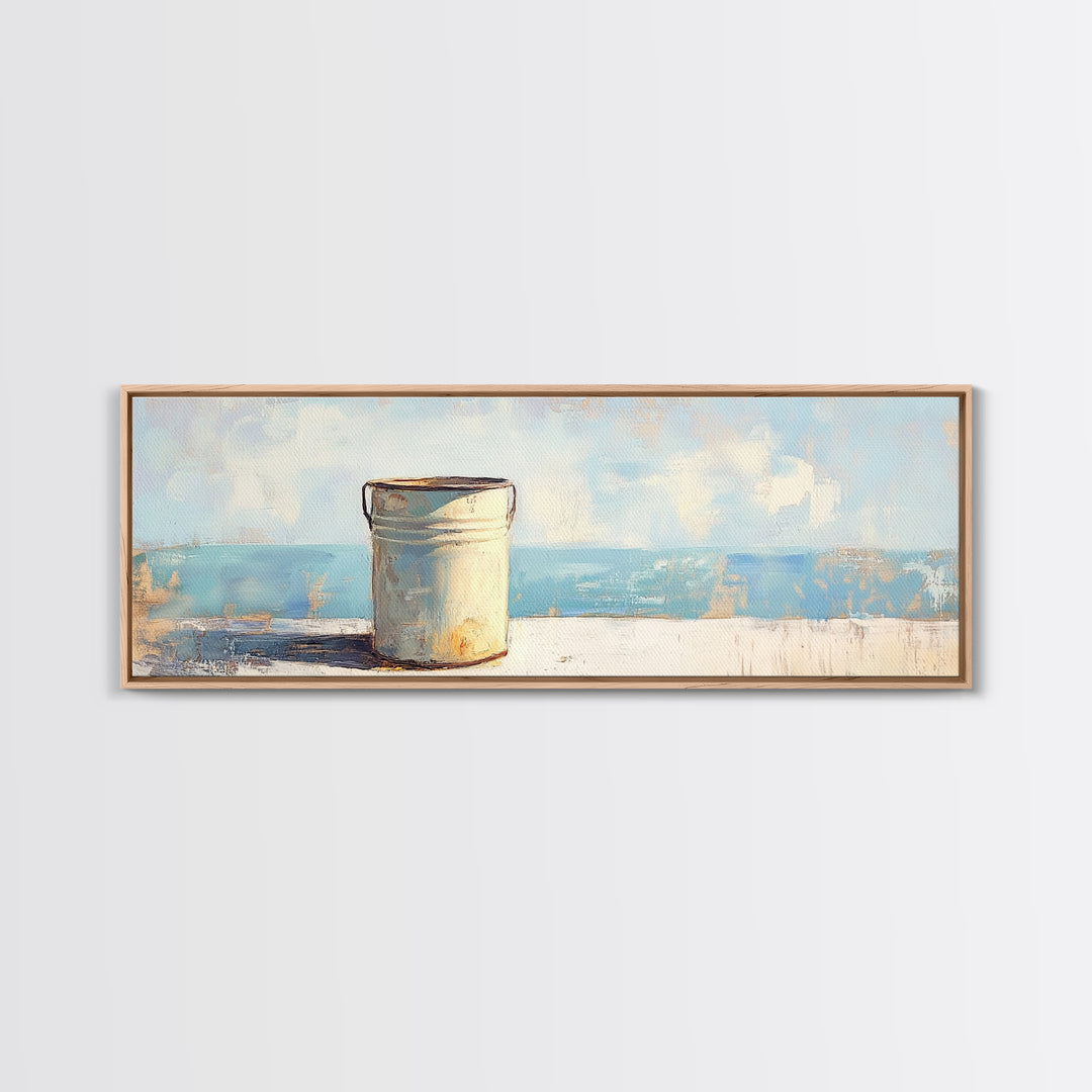 White Enamel Pail By The Sea Canvas Print, Coastal Farmhouse Wall Decor, Beach House Art, Rustic Nautical Kitchen Decor Print