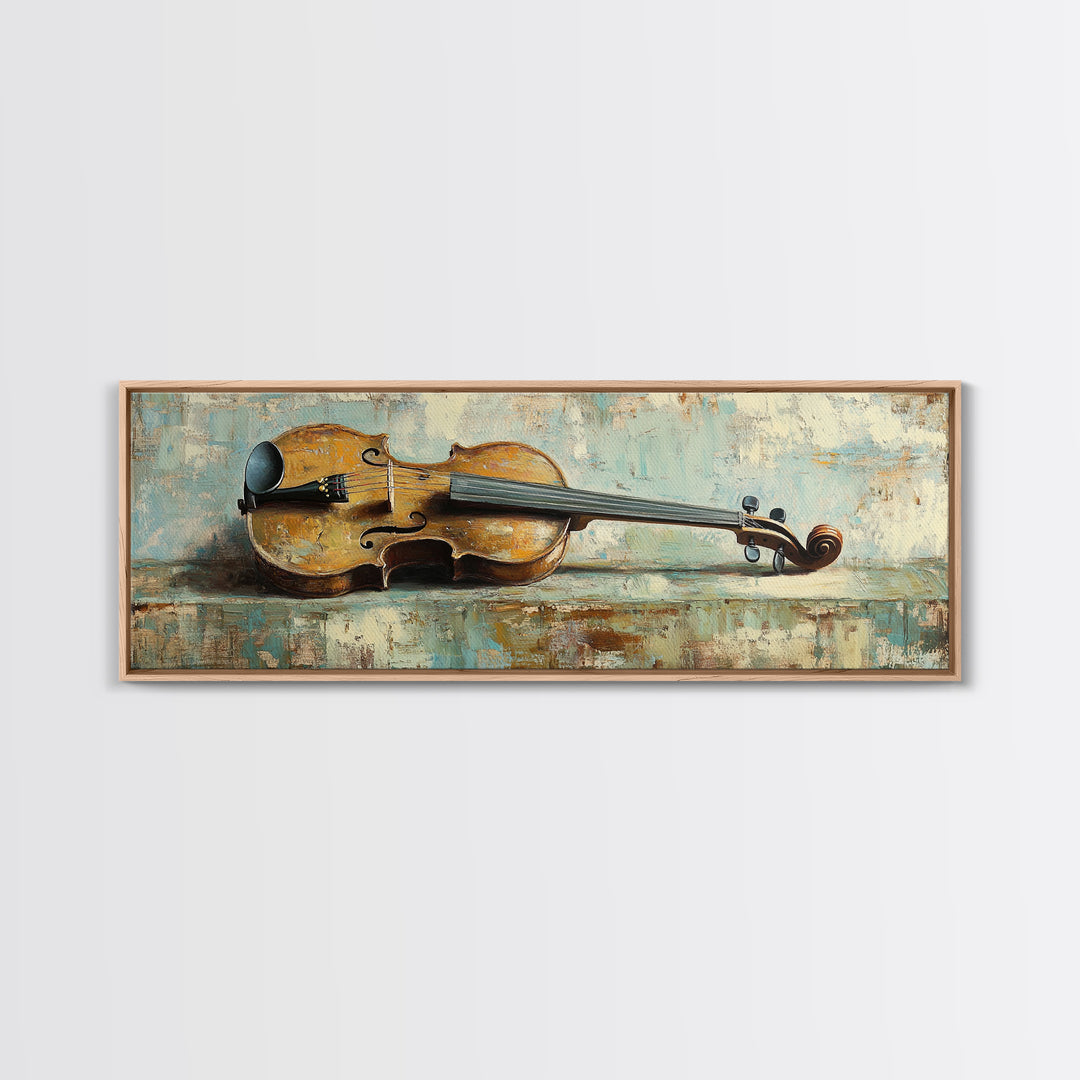 Antique Violin On Weathered Blue Table Framed Canvas Print, Music Room Wall Art, Rustic Studio Decor, Gifts For Musicians