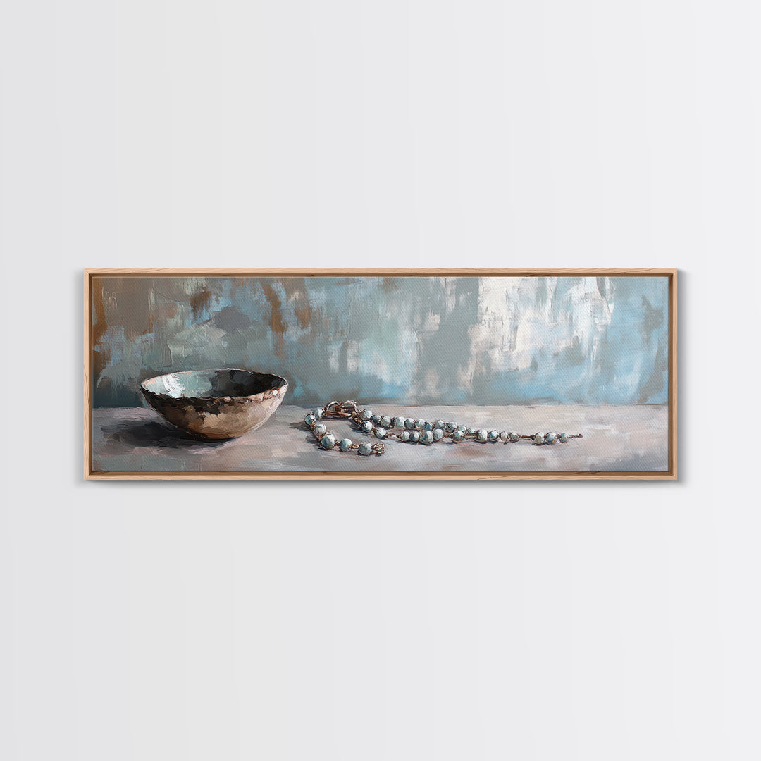 Rustic Bowl And Turquoise Beads Still Life Wall Art, Neutral Blue Home Decor, Wabi Sabi Canvas Art, Minimalist Office Decor