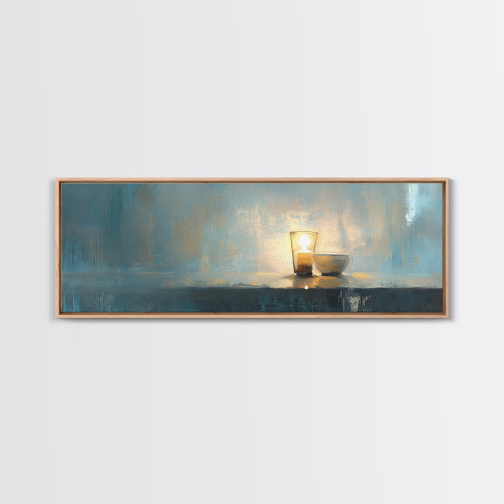 Glowing Candle And Small Bowl Minimalist Wall Art, Blue Wabi Sabi Home Decor, Calming Canvas Print, Zen Dining Room Decor