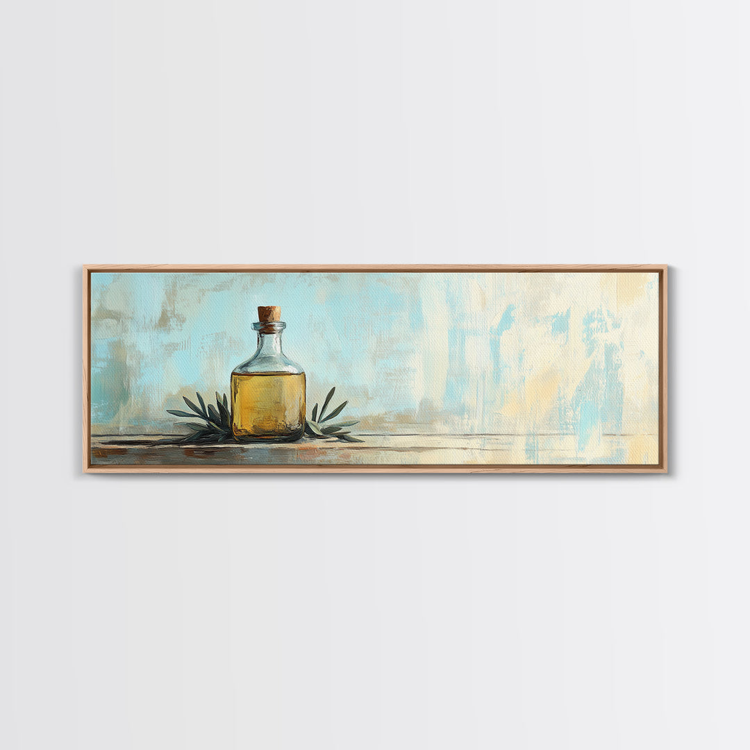 Amber Bottle And Green Leaves Wall Art, Minimalist Still Life Canvas Print, Rustic Kitchen Decor, Modern Farmhouse Home Decor