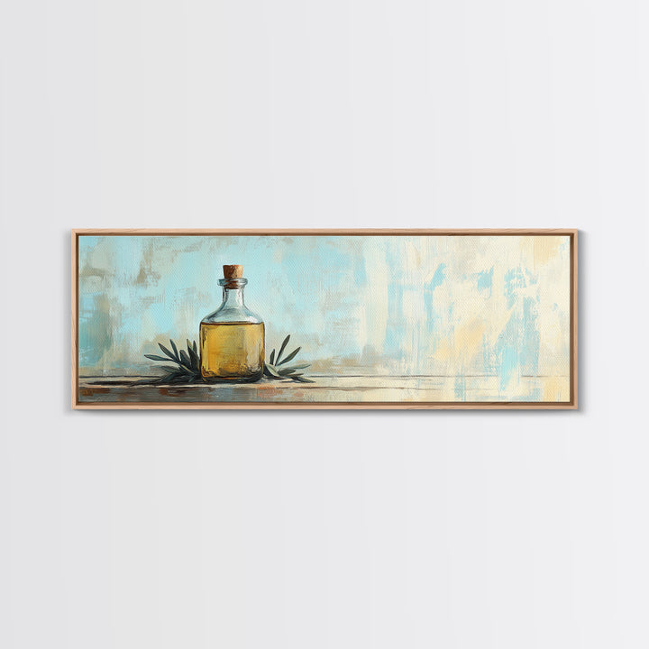Amber Bottle And Green Leaves Wall Art, Minimalist Still Life Canvas Print, Rustic Kitchen Decor, Modern Farmhouse Home Decor
