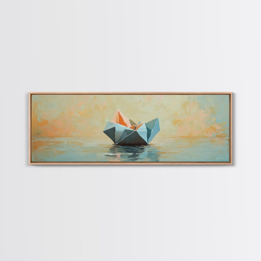 Origami Paper Boat On Calm Water Canvas Print, Coastal Wall Art, Nautical Home Decor, Beach House Living Room Decor, Above Sofa Art