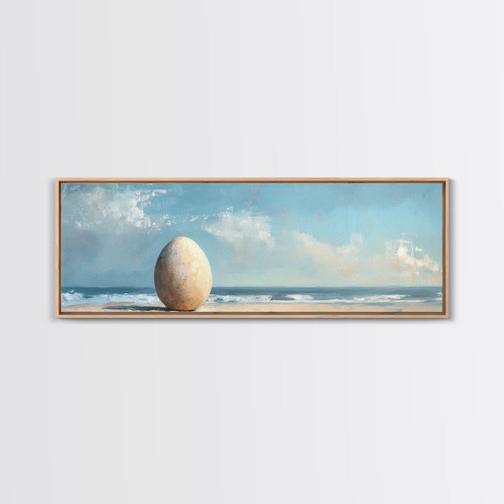 Large Egg On Quiet Shore Canvas Print, Surreal Beach Wall Art, Coastal Home Decor, Modern Seascape Living Room Decor, Ocean Art