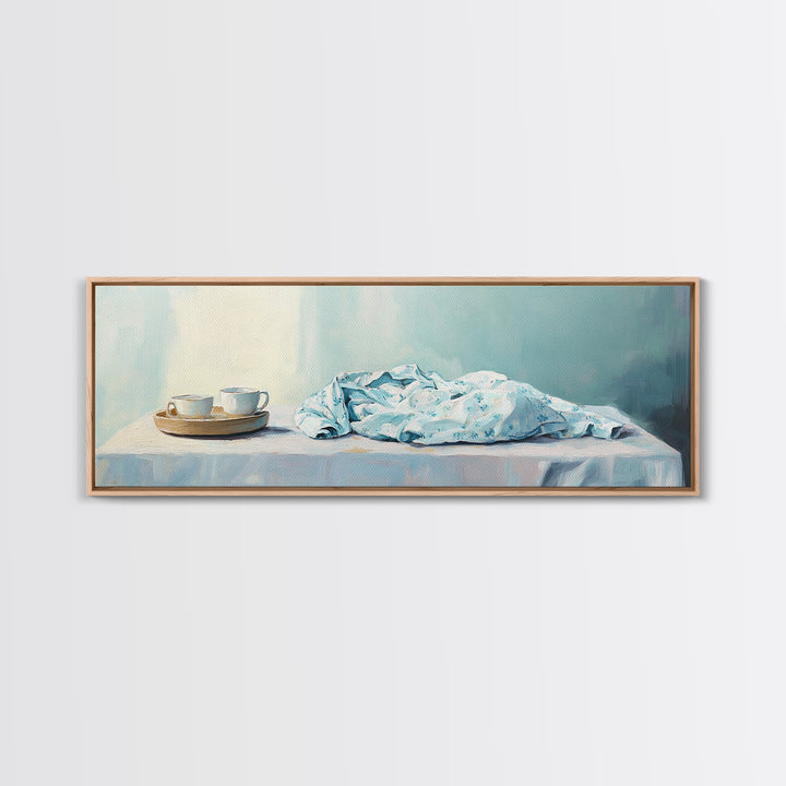 White Tea Cups And Blue Draped Cloth Canvas Print, Serene Still Life Wall Art, Minimalist Kitchen Decor, Cozy Home Decor