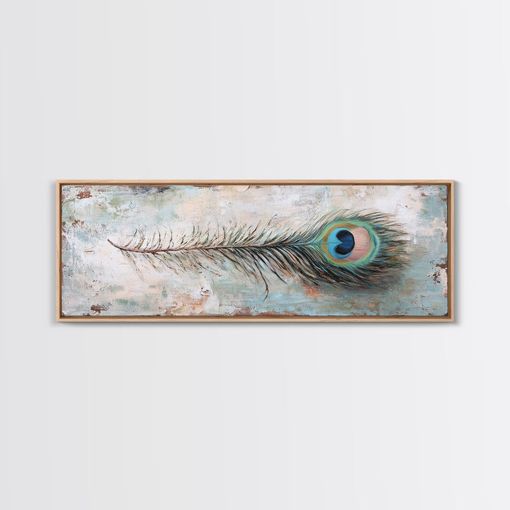 Peacock Feather On Distressed Blue Texture Wall Art, Long Horizontal Canvas, Rustic Coastal Decor, Boho Nature Print, Gift For Her