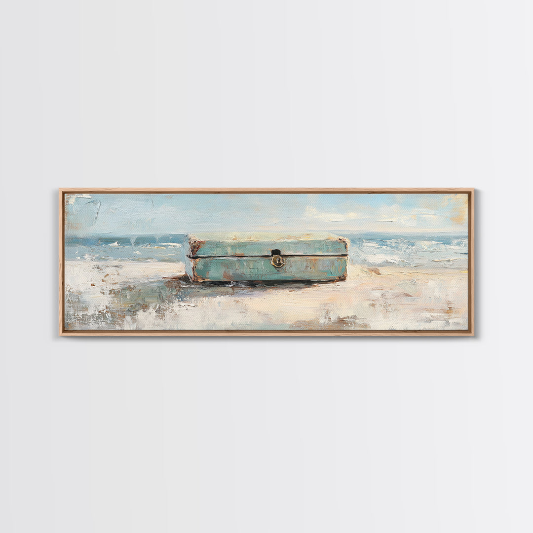 Weathered Blue Trunk On Sandy Beach Canvas Print, Coastal Wall Art, Ocean Seascape Decor, Nautical Housewarming Gift, Beach House Decor