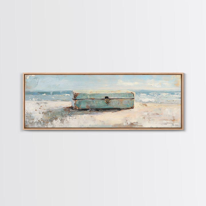Weathered Blue Trunk On Sandy Beach Canvas Print, Coastal Wall Art, Ocean Seascape Decor, Nautical Housewarming Gift, Beach House Decor
