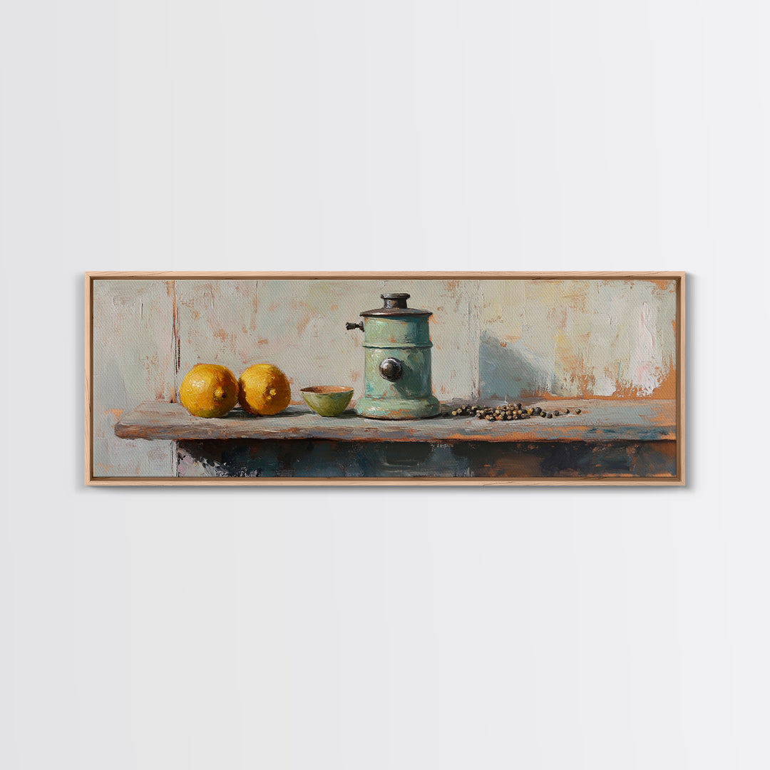 Rustic Coffee Grinder With Lemons Still Life Canvas Print, Kitchen Wall Art, Farmhouse Decor, Food Lover Housewarming Gift