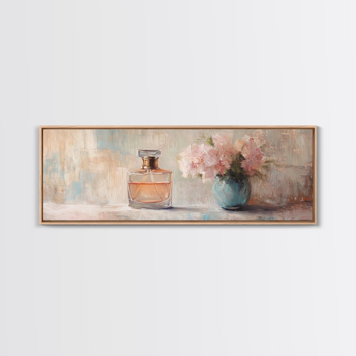 Perfume Bottle And Pink Flowers Framed Canvas Print, Feminine Wall Art, Vanity Decor, Romantic Bedroom Gift For Her, Coquette Prints