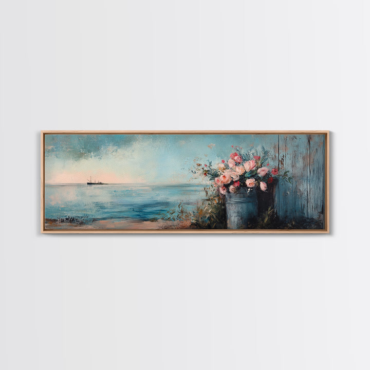 Blue Seascape With Flower Bucket Wall Art, Coastal Canvas Print, Beach House Decor, Ocean Landscape Housewarming Gift, Living Room Art