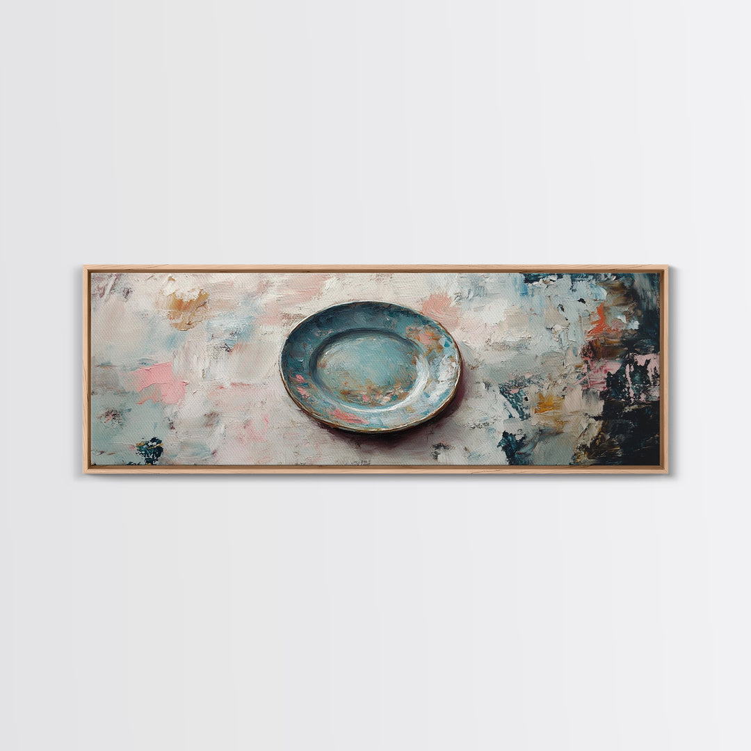 Weathered Blue Plate Wall Art, Minimalist Still Life Painting, Rustic Kitchen Decor, Textured Canvas Print For Dining Room