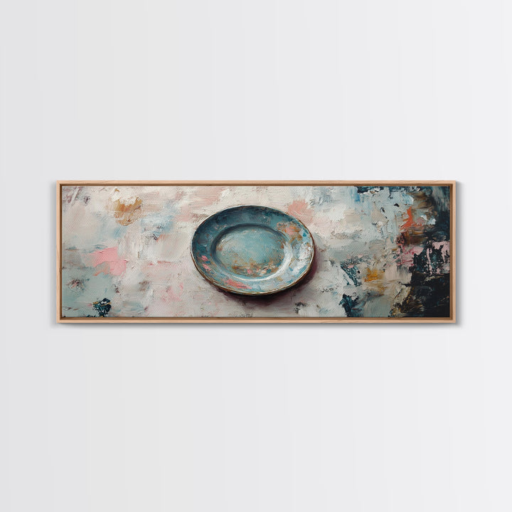 Weathered Blue Plate Wall Art, Minimalist Still Life Painting, Rustic Kitchen Decor, Textured Canvas Print For Dining Room