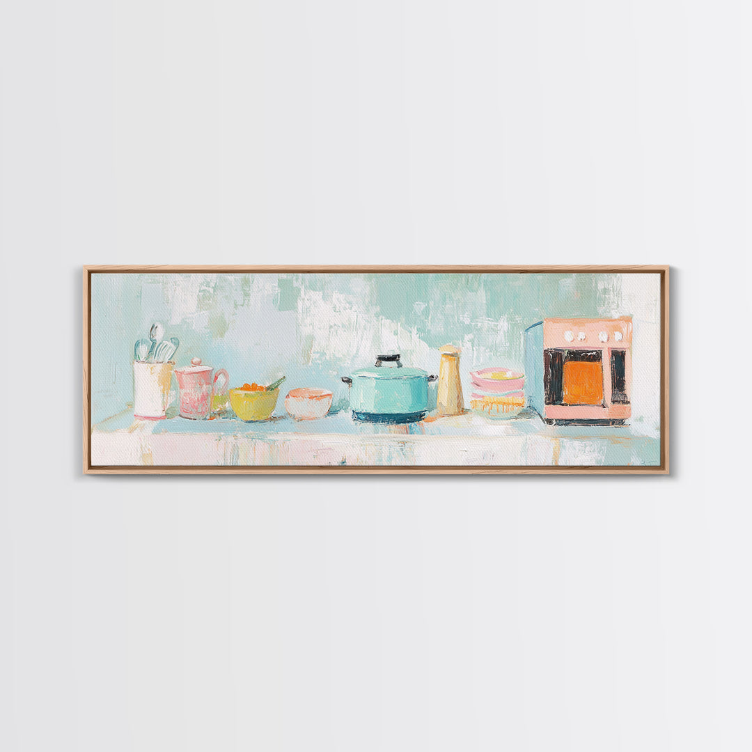Pastel Kitchen Counter Canvas Print, Cozy Kitchen Wall Art, Modern Farmhouse Decor, Whimsical Cooking Art For Dining Room