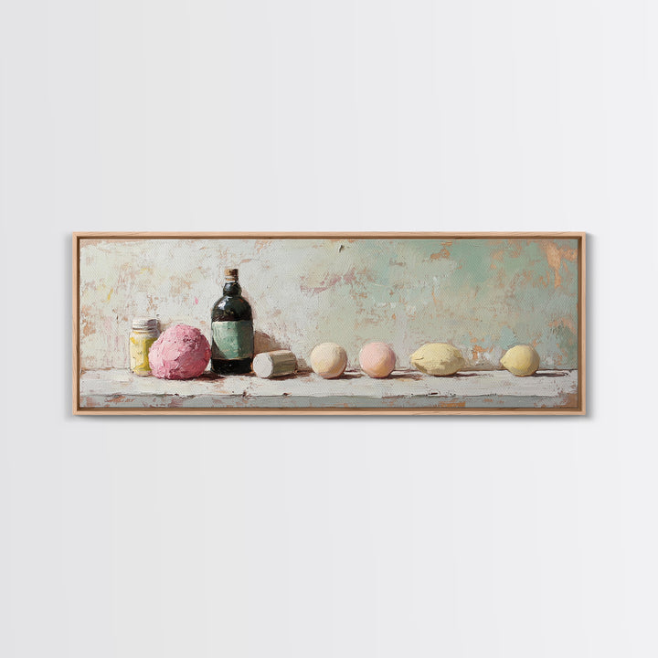 Pastel Bath Bombs And Bottles Wall Art, Spa Bathroom Decor, Apothecary Still Life, Feminine Canvas Print, Gift For Her, Home Decor