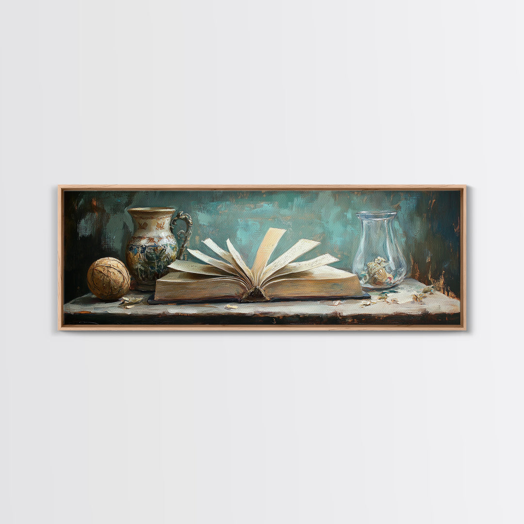 Open Antique Book With Vases Canvas Print, Dark Academia Wall Art, Literary Decor, Moody Library Reading Nook Home Decor