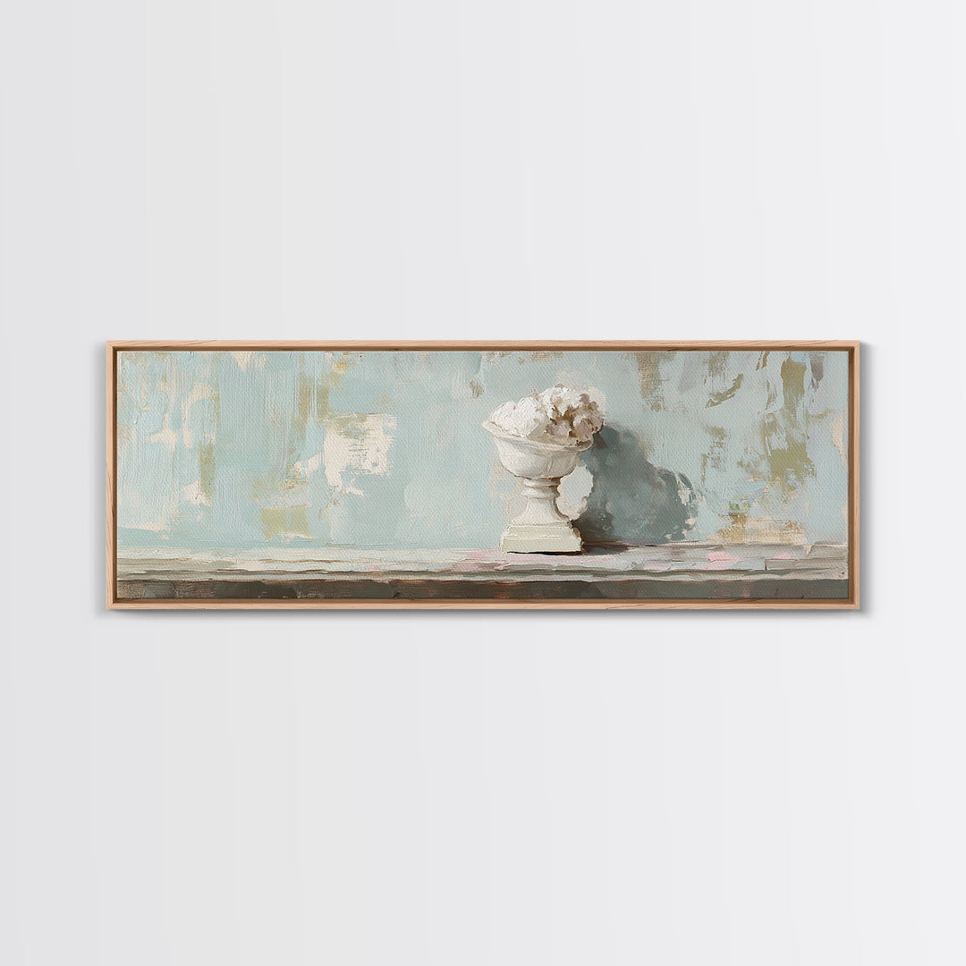 White Floral Urn Still Life Framed Canvas Print, Minimalist Wall Art, Neutral Calming Bathroom Decor, Wabi Sabi Home Decor
