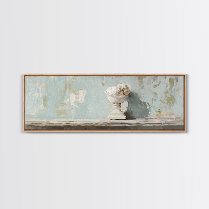 White Floral Urn Still Life Framed Canvas Print, Minimalist Wall Art, Neutral Calming Bathroom Decor, Wabi Sabi Home Decor