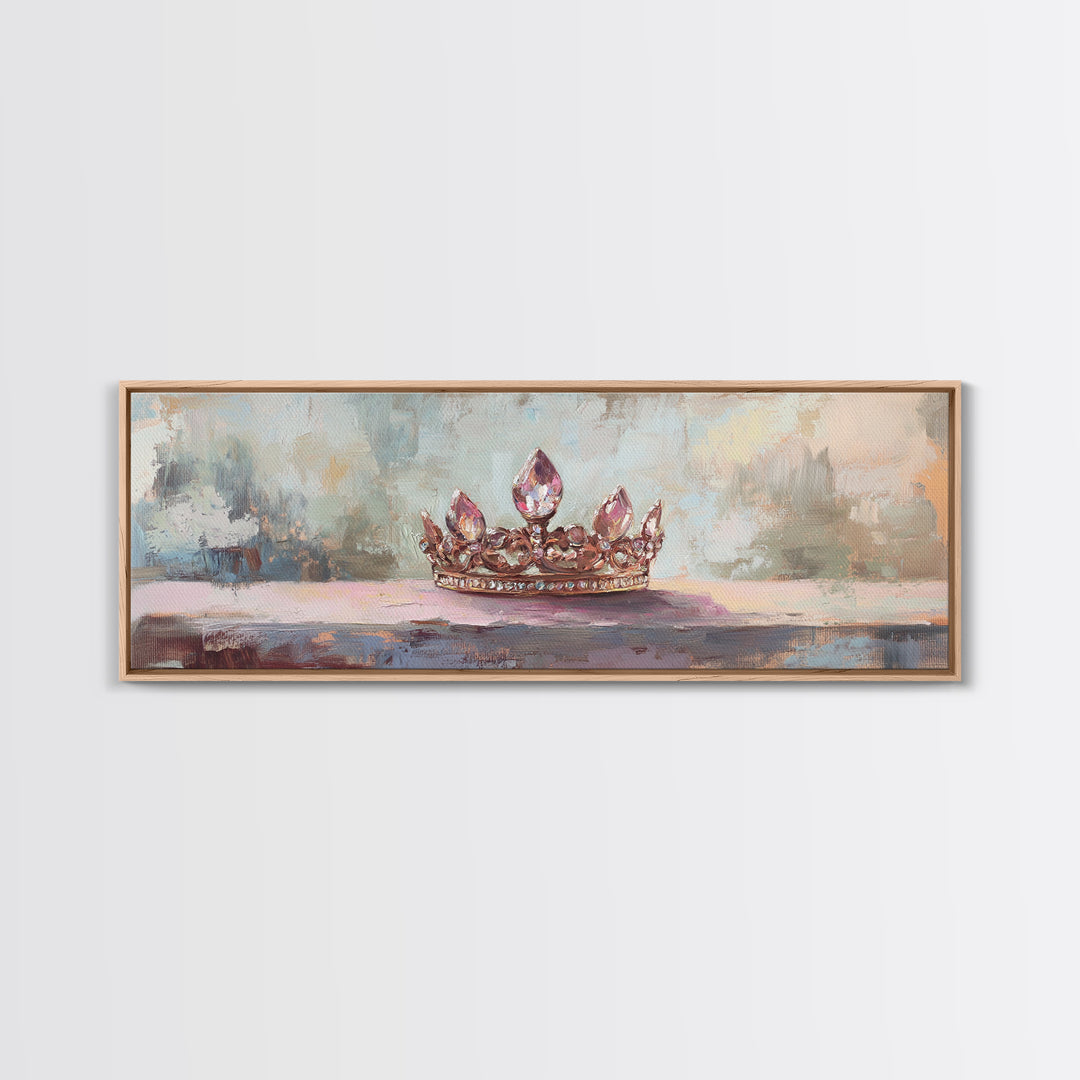 Jeweled Princess Crown Still Life Framed Canvas Print, Feminine Wall Art, Romantic Bedroom Decor, Coquette Room Decor Gift For Her