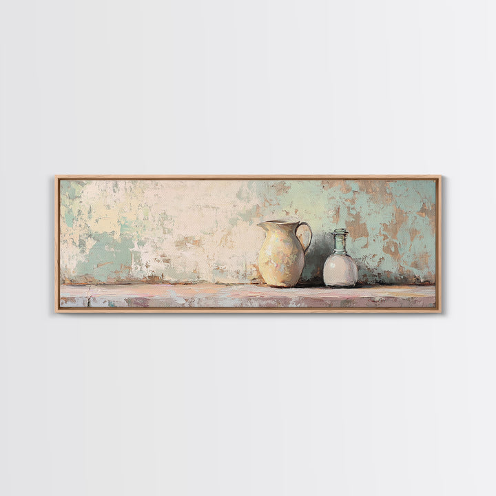 Cream Pitcher And Glass Bottle Still Life Canvas Print, Rustic Farmhouse Wall Art, Neutral Kitchen Decor, Housewarming Gift