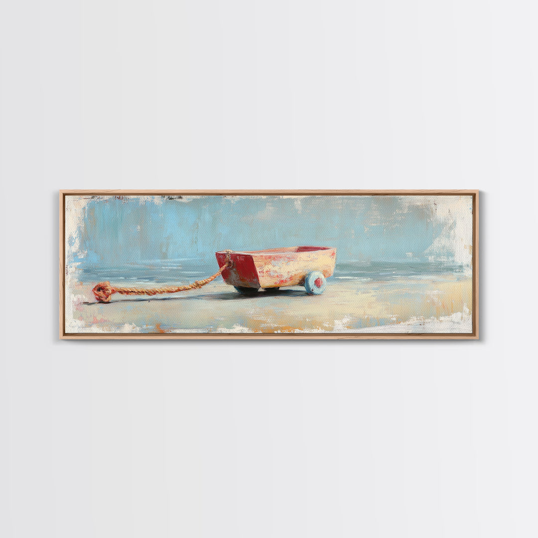 Small Red Toy Boat With Rope Framed Canvas Print, Nautical Wall Art, Coastal Nursery Decor, Beach House Gift For Kids Room Decor