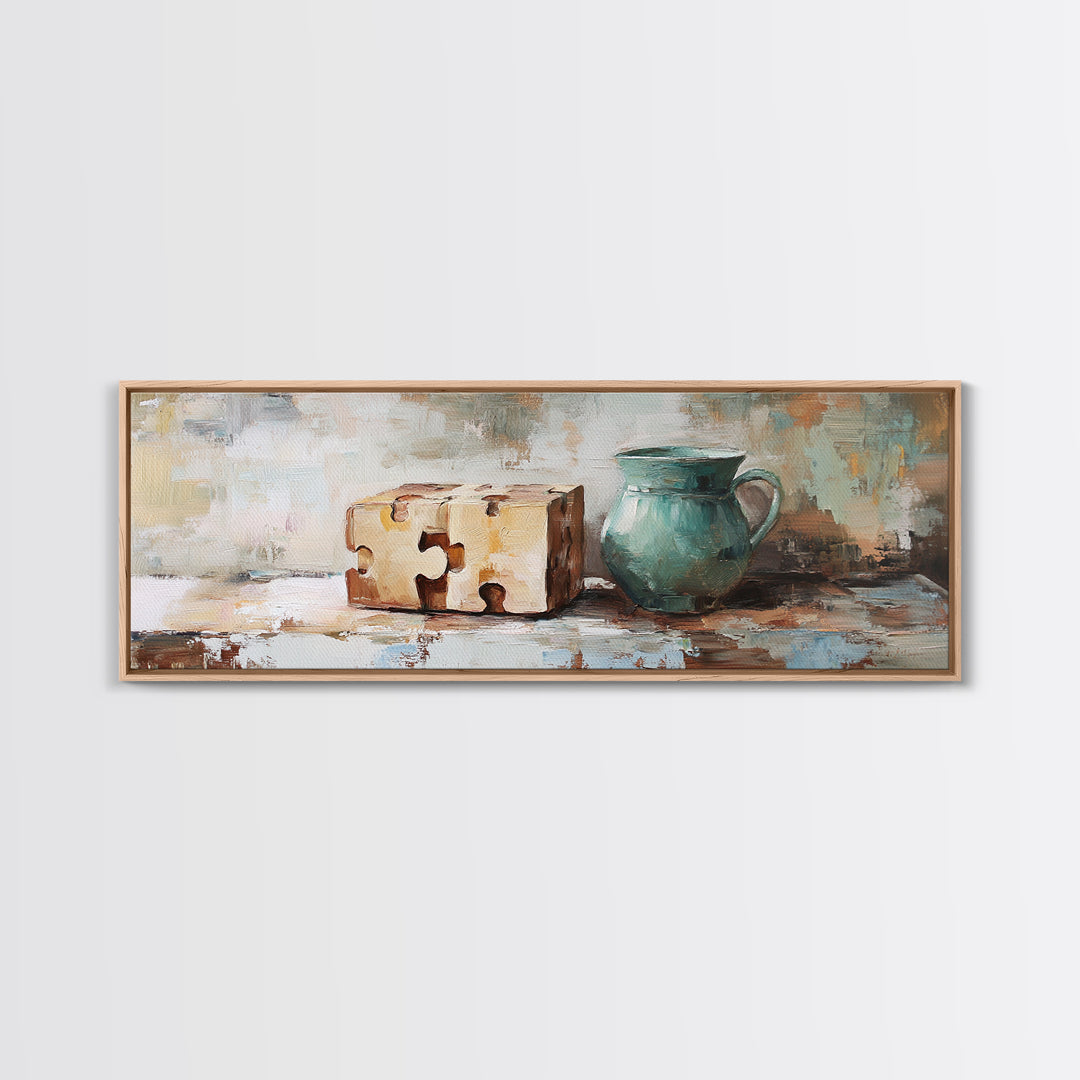 Teal Pitcher And Puzzle Pieces Still Life Canvas Print, Rustic Wall Art, Quirky Kitchen Decor, Unique Housewarming Gift For Her
