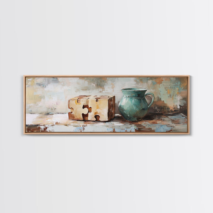 Teal Pitcher And Puzzle Pieces Still Life Canvas Print, Rustic Wall Art, Quirky Kitchen Decor, Unique Housewarming Gift For Her