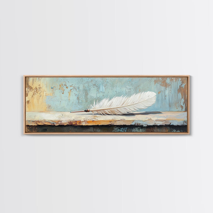 White Feather Still Life On Blue Canvas Print, Boho Wall Art, Minimalist Nature Decor, Peaceful Bedroom Decor Gift For Her