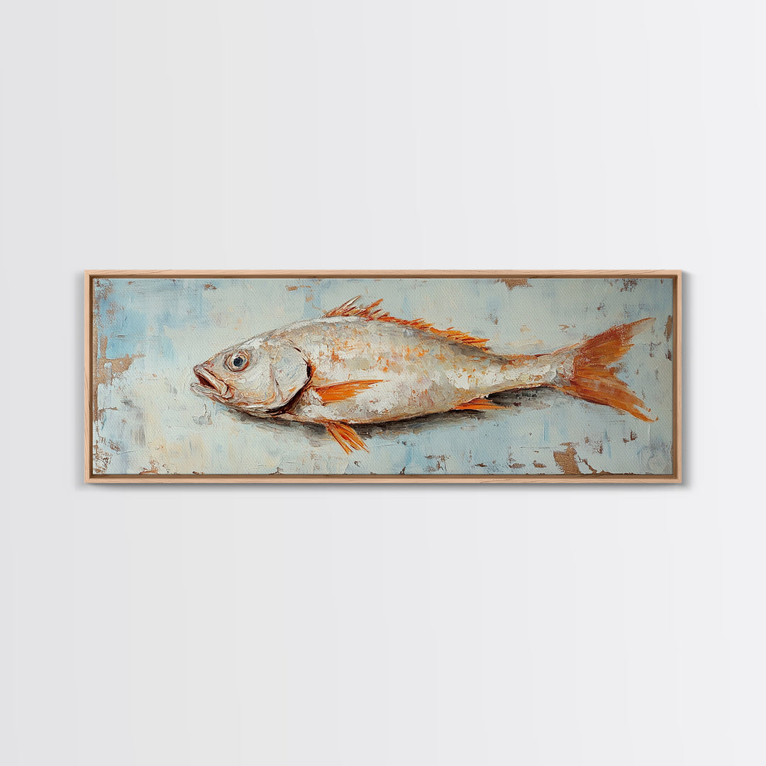 Textured Silver Fish Coastal Wall Art, Nautical Kitchen Decor, Seafood Painting Print, Beach House Ocean Art, Rustic Canvas