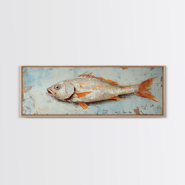 Textured Silver Fish Coastal Wall Art, Nautical Kitchen Decor, Seafood Painting Print, Beach House Ocean Art, Rustic Canvas