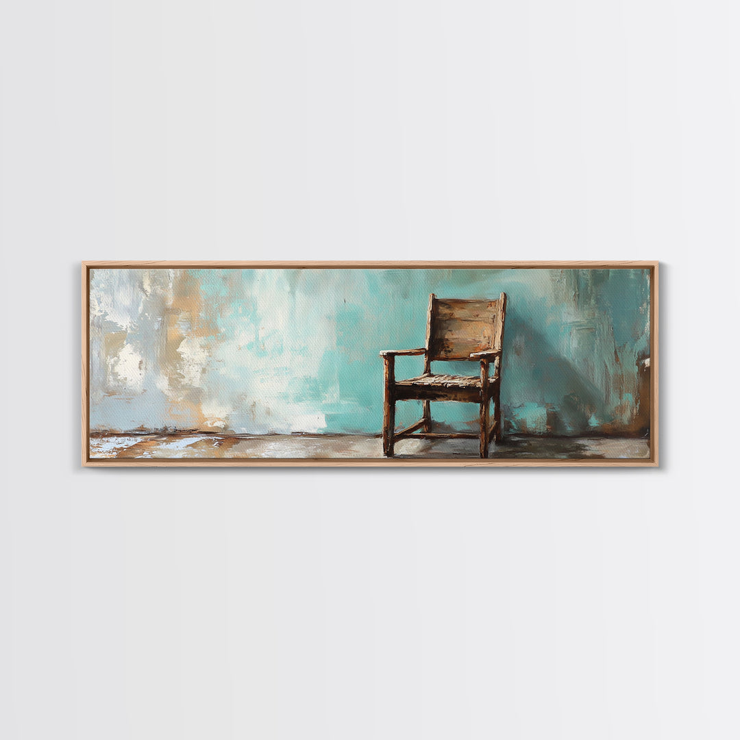Rustic Empty Chair Wall Art, Moody Minimalist Framed Canvas Print, Wabi Sabi Office Decor, Neutral Living Room Wall Decor
