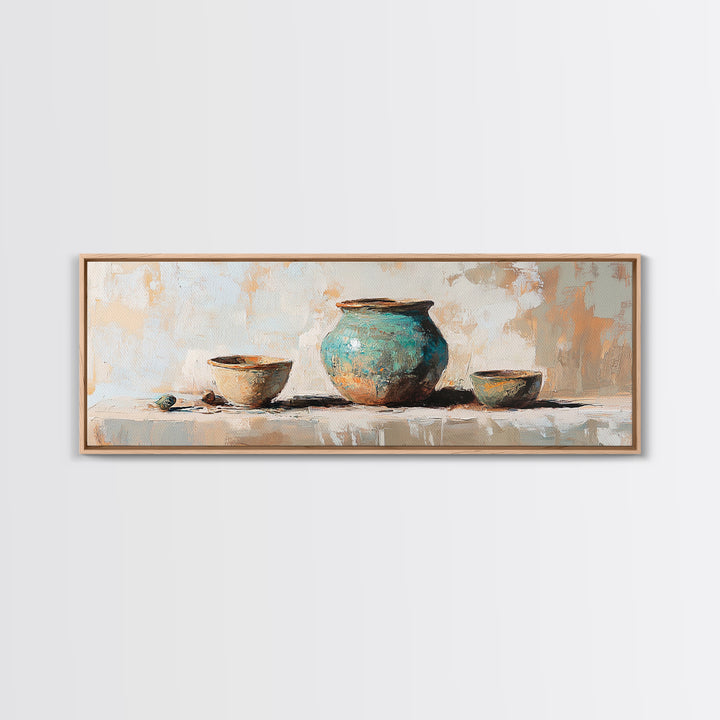 Turquoise Pottery Still Life Wall Art, Rustic Kitchen Decor, Farmhouse Canvas Print, Neutral Dining Room Art Print Gift Idea