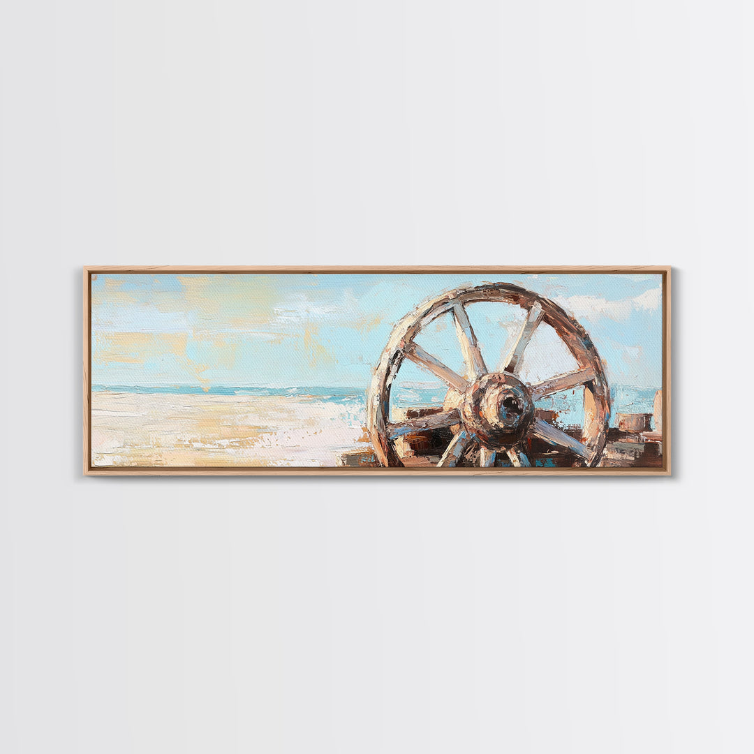 Weathered Wagon Wheel Wall Art, Coastal Beach Decor, Rustic Nautical Canvas Print, Beach House Wall Decor, Large Seascape Gift