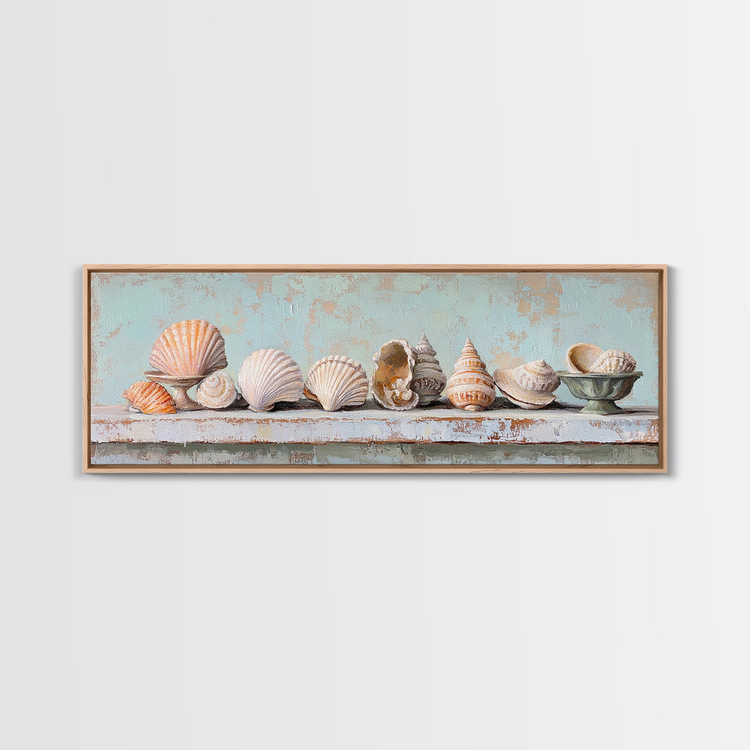 Pastel Seashell Shelf Still Life Framed Canvas Print, Coastal Wall Art, Beach House Decor, Nautical Bathroom Wall Decor, Ocean Print